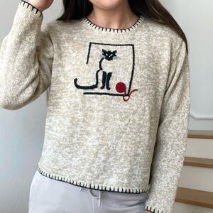 Vintage Christopher & Banks Hand Embroidered Cat Kitty Knit Yarn Cream Sweater